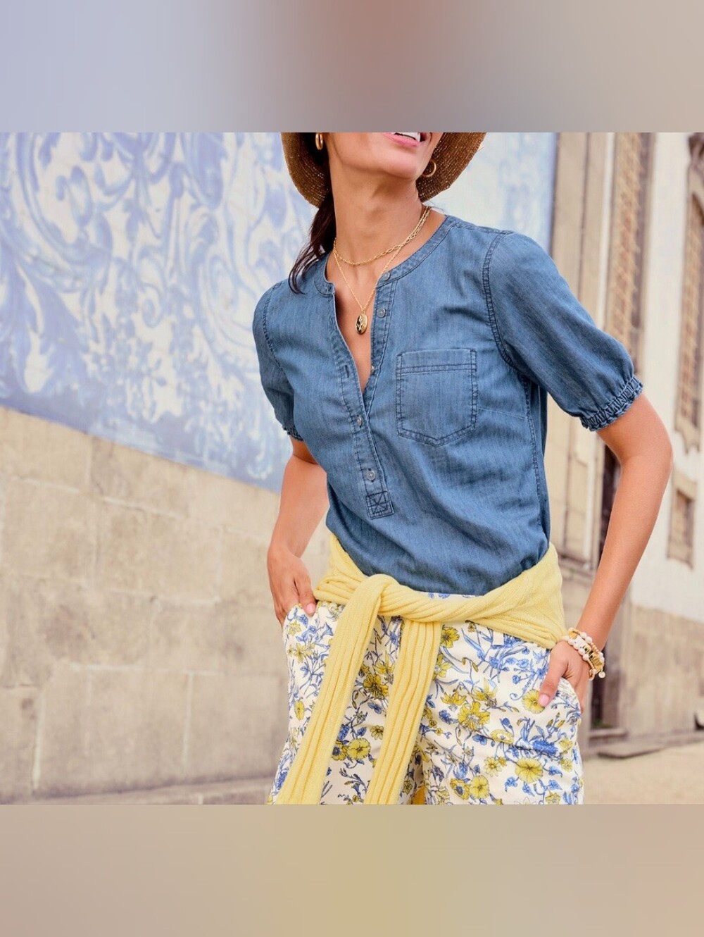 TALBOTS Blouse Blue CHAMBRAY Denim Neck Button Front Casual Elastic Sleeve L
